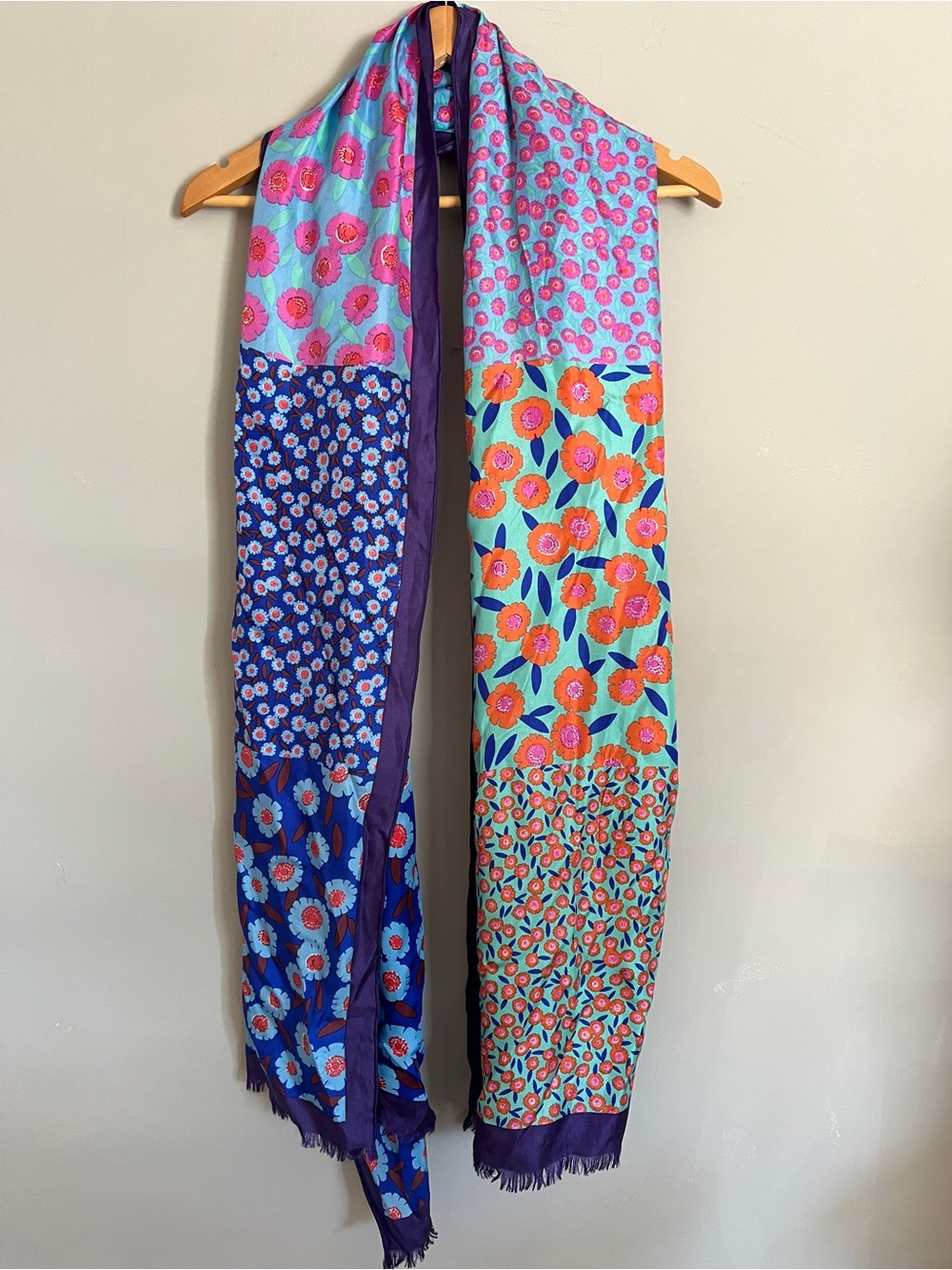 Kate Spade Silk Bold Boho Fringe Colorful Hair Wrap Neck Scarf Tie Purple Pink